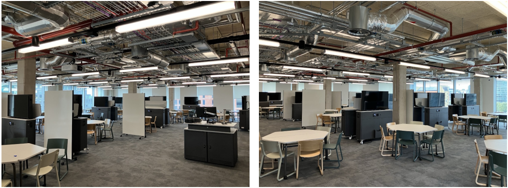 Classroom with table and chairs set up for active learning.